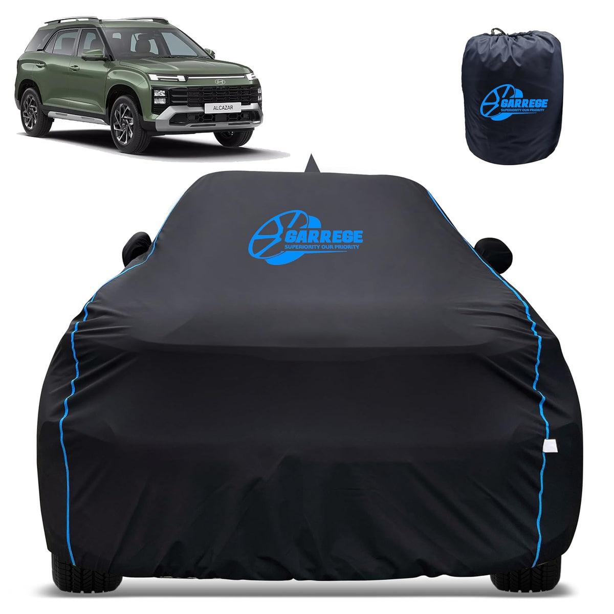 100% Waterproof Car Cover for Alcazar - Black, All-Weather & Animals Nail Protection with Mirror & Antenna Pockets | Premium Washable Fabric | Custom Fit