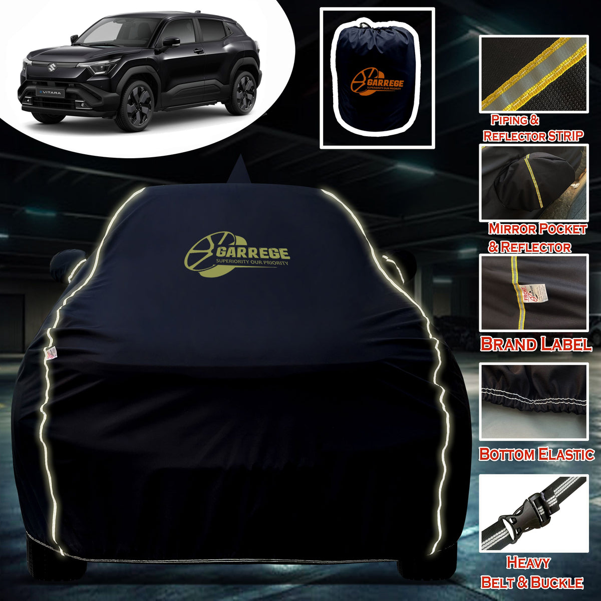 Garrege Waterproof Car Cover compatible with MARUTI E VITARA 2K26 Cover All Weather protection with Mirror & Anteena Packets