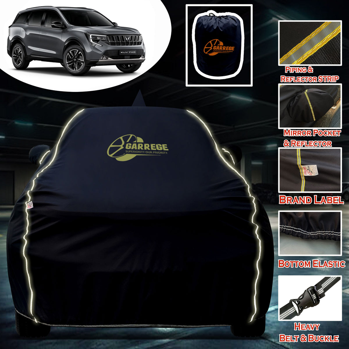 Garrege Waterproof Car Cover compatible with XUV 7XO 2K26 Cover All Weather protection with Mirror & Anteena Packets