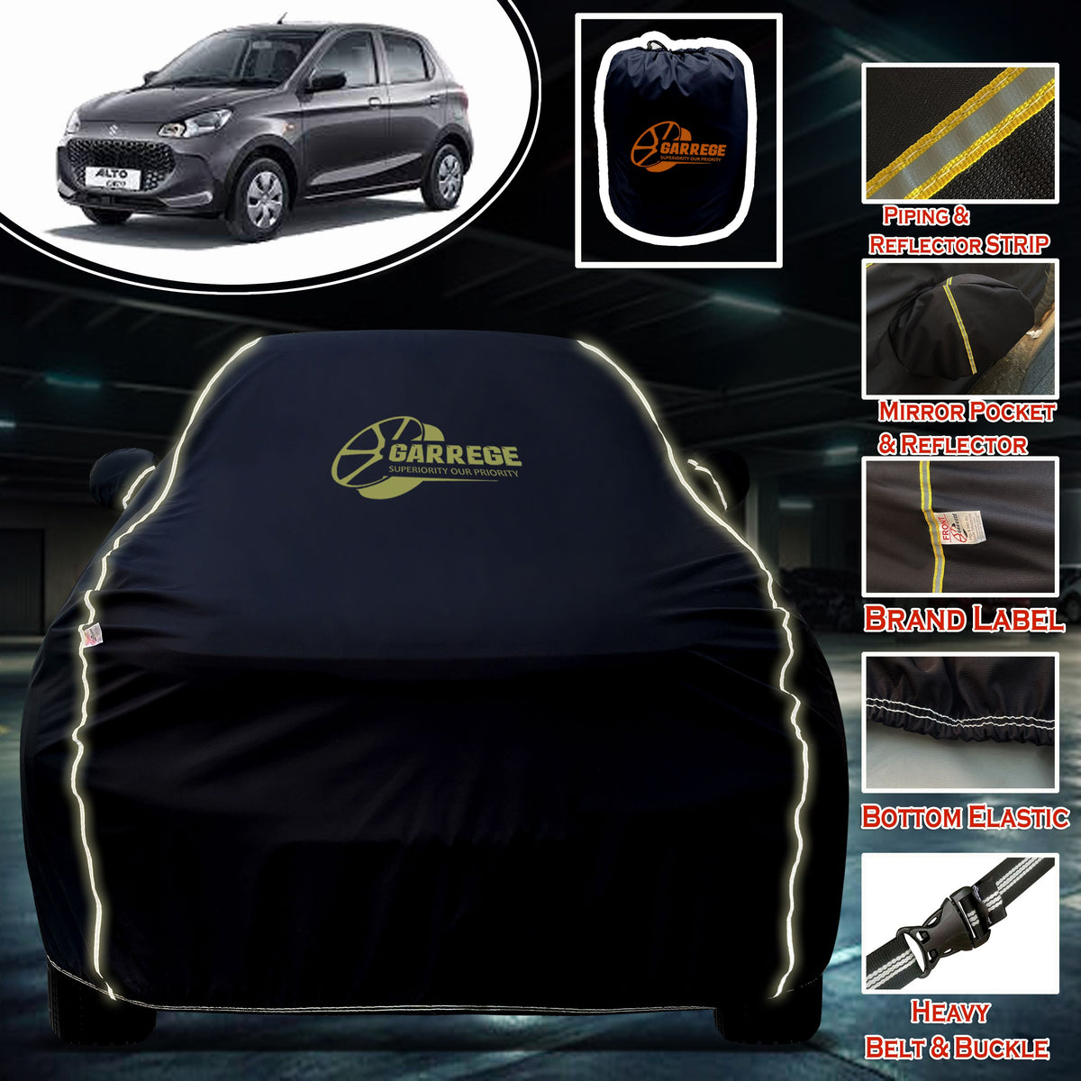 Garrege Waterproof Car Cover compatible with MARUTI ALTO K10 Cover All Weather protection with Mirror & Anteena Packets