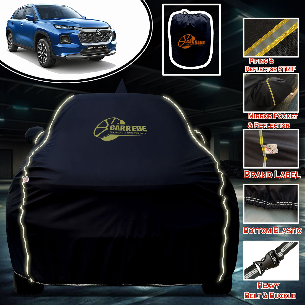 Garrege Waterproof Car Cover compatible with MARUTI GRAND VITARA Cover All Weather protection with Mirror & Anteena Packets