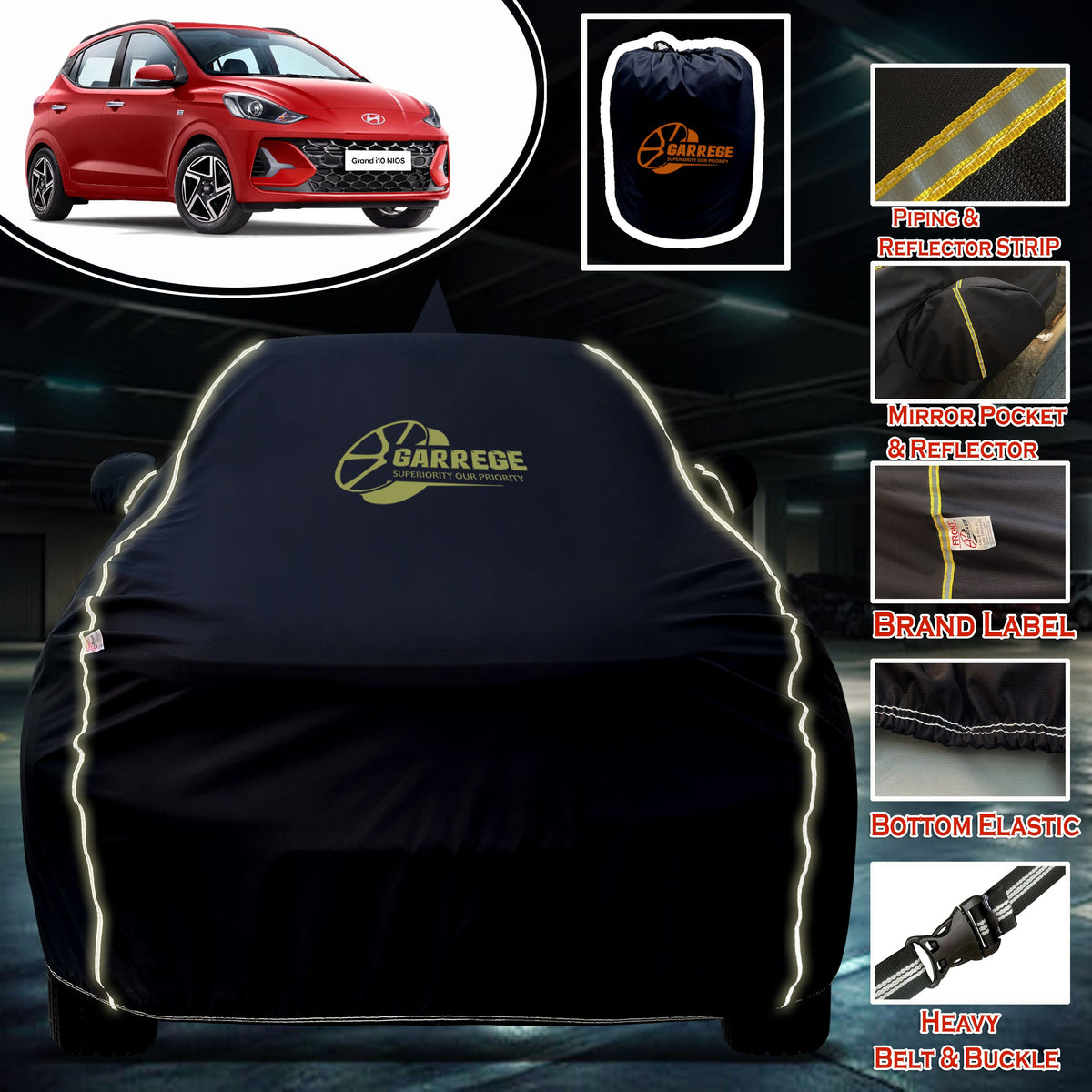 Garrege Waterproof Car Cover compatible with HYUNDAI GRAND I10 NIOS Cover All Weather protection with Mirror & Anteena Packets