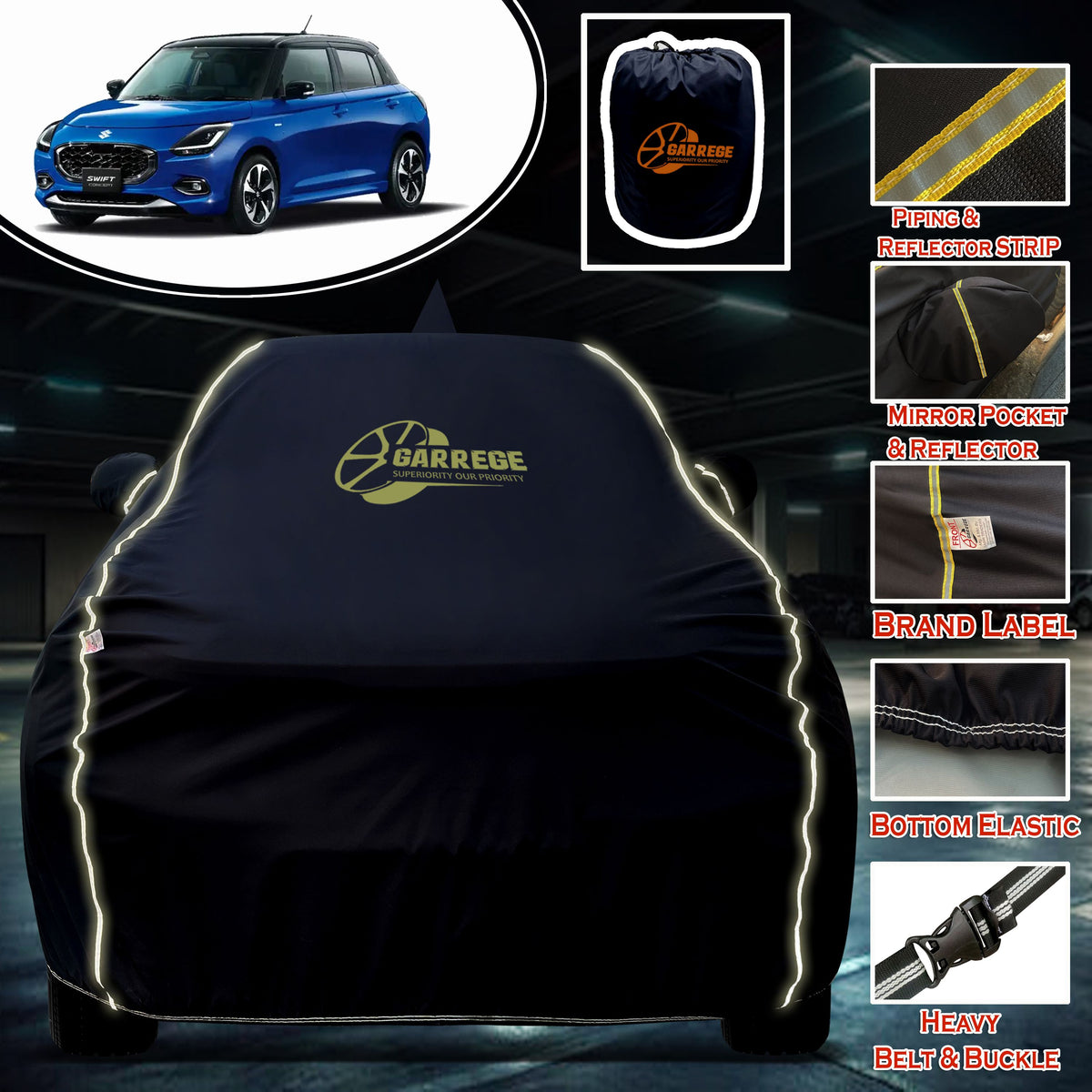 Garrege Waterproof Car Cover compatible with MARUTI SWIFT HYBRID Cover All Weather protection with Mirror & Anteena Packets