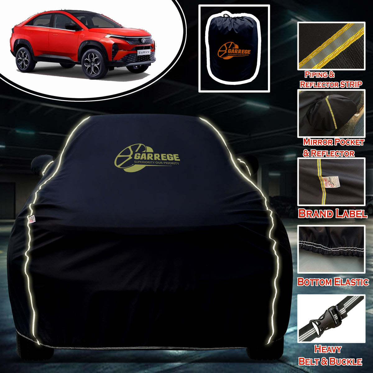 Garrege Waterproof Car Cover compatible with TATA CURVV EV Cover All Weather protection with Mirror & Anteena Packets