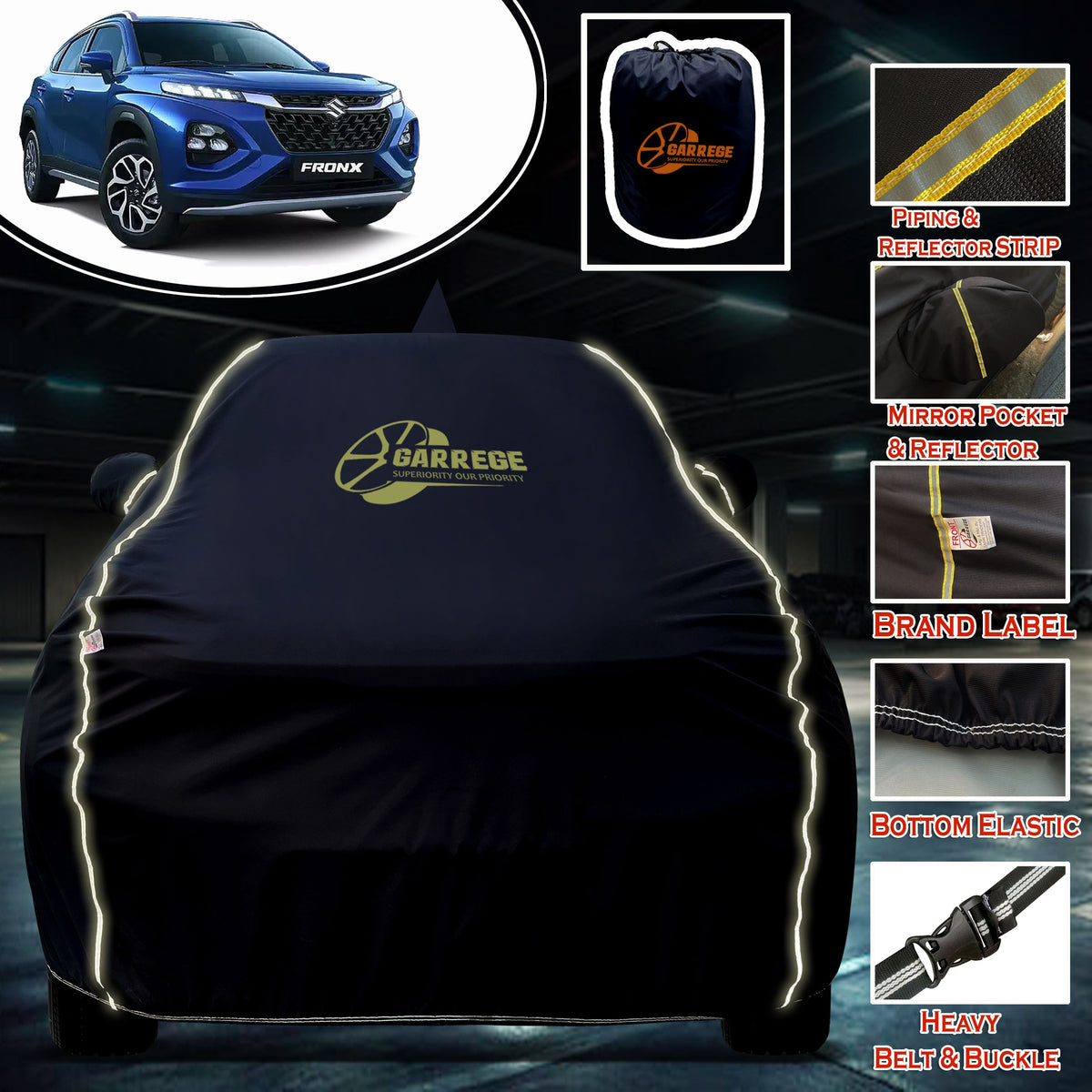 Garrege Waterproof Car Cover compatible with MARUTI FRONX Cover All Weather protection with Mirror & Anteena Packets