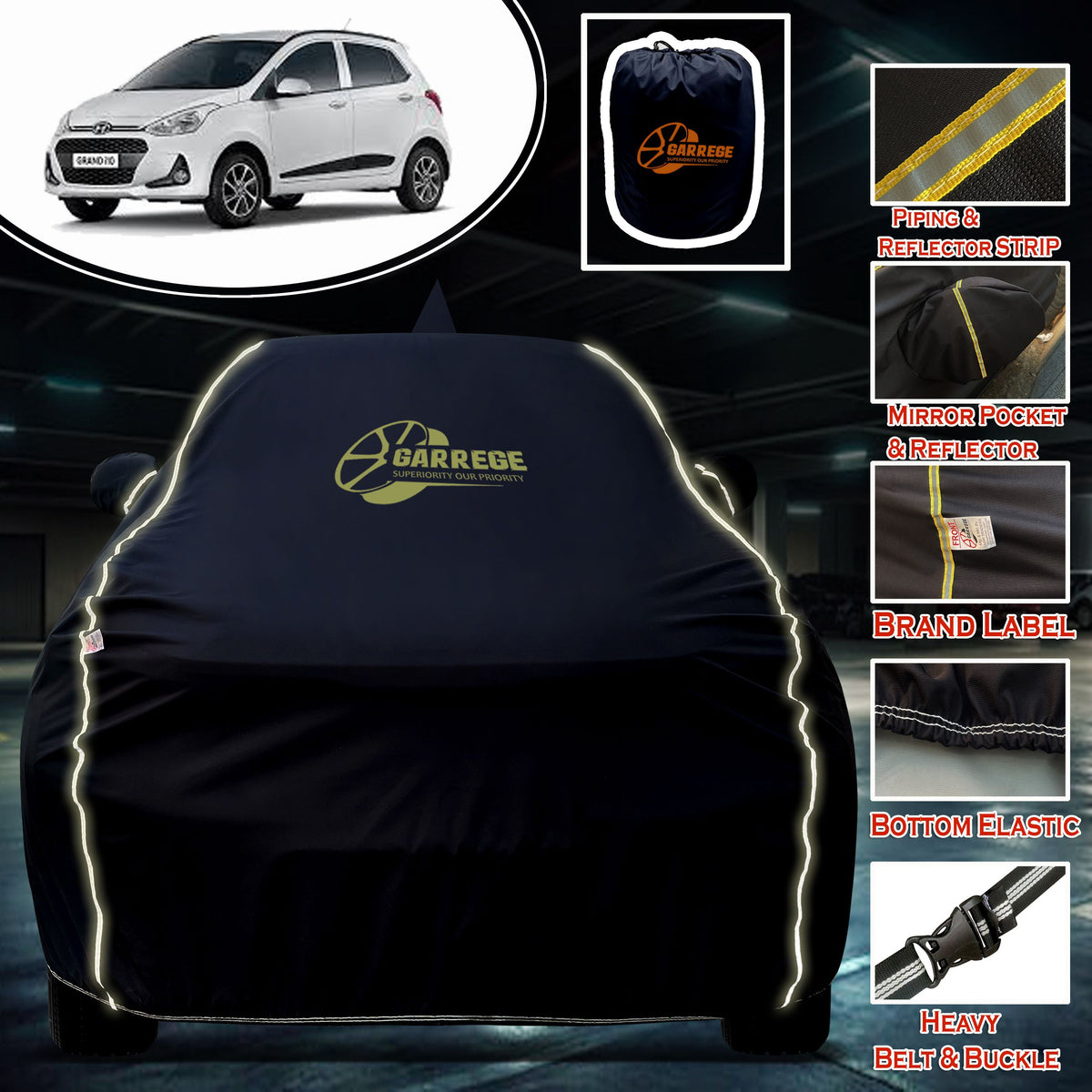 Garrege Waterproof Car Cover compatible with HYUNDAI GRAND I10 Cover All Weather protection with Mirror & Anteena Packets