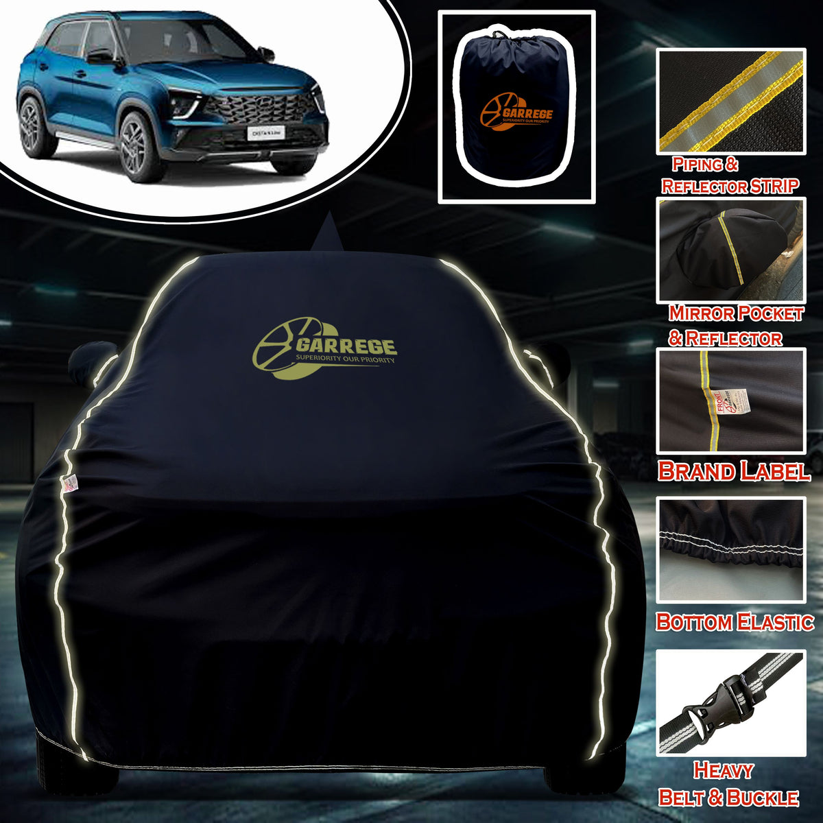 Garrege Waterproof Car Cover compatible with HYUNDAI CRETA N LINE Cover All Weather protection with Mirror & Anteena Packets