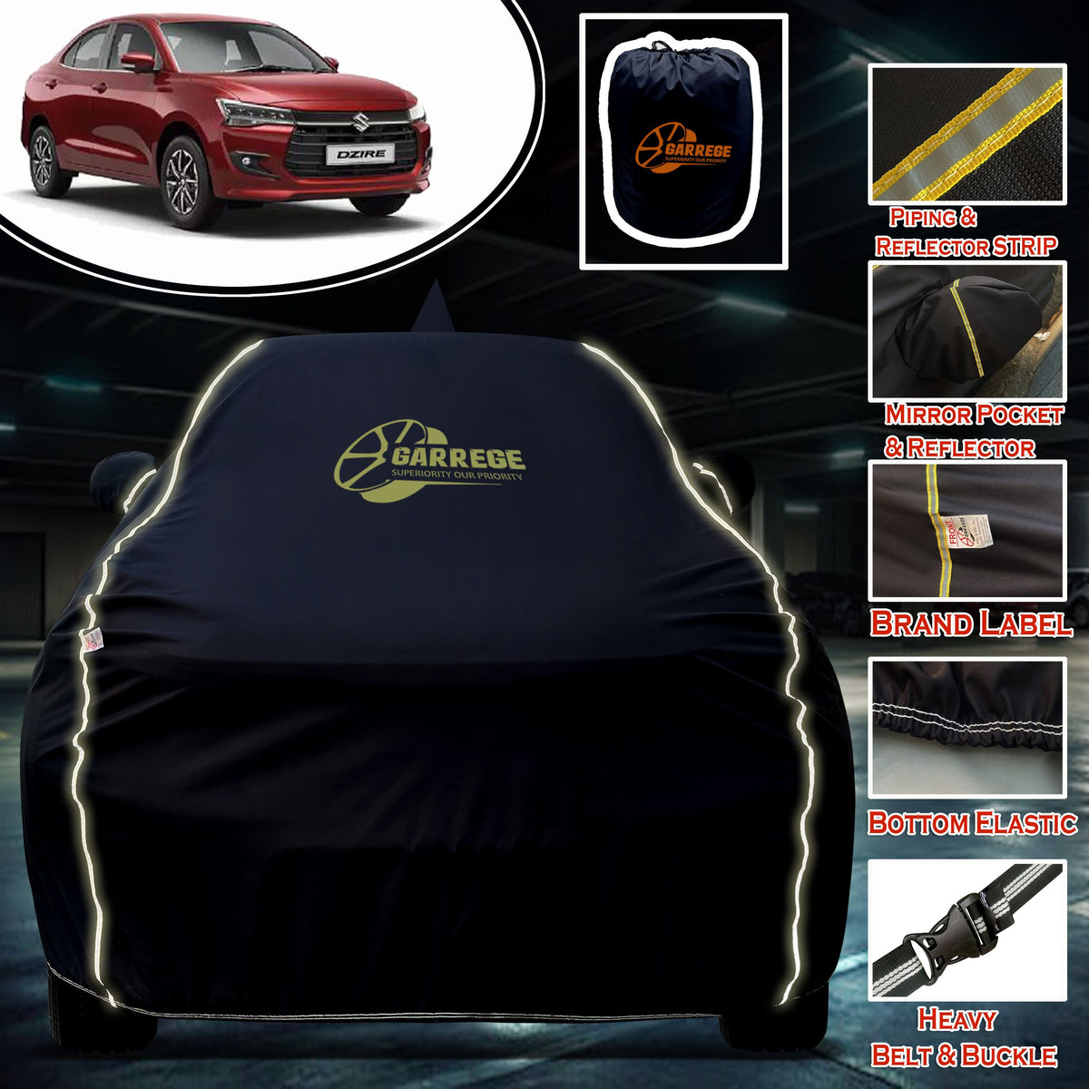 Garrege Waterproof Car Cover compatible with MARUTI DZIRE 2024 Cover All Weather protection with Mirror & Anteena Packets