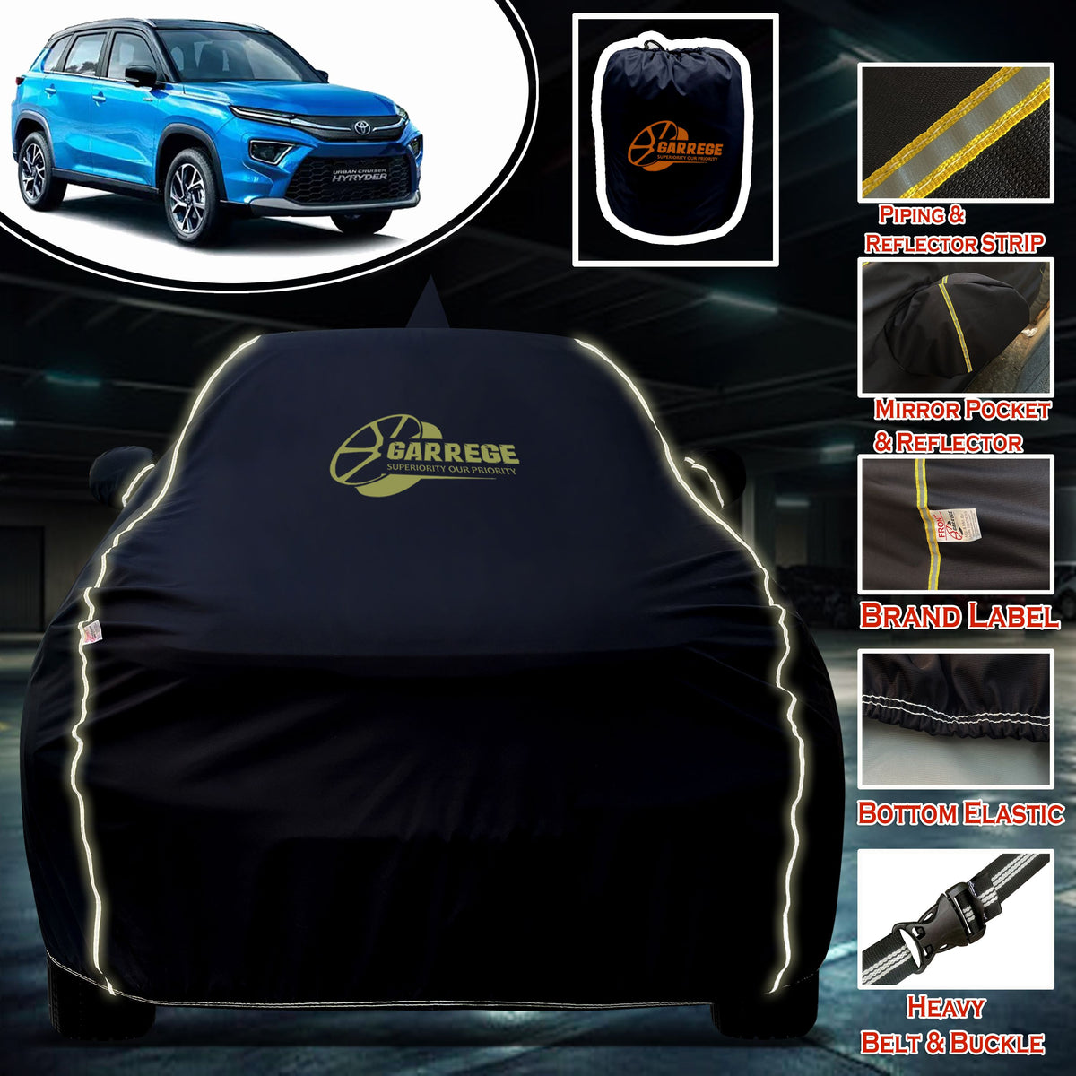 Garrege Waterproof Car Cover compatible with TOYOTA HYRYDER Cover All Weather protection with Mirror & Anteena Packets