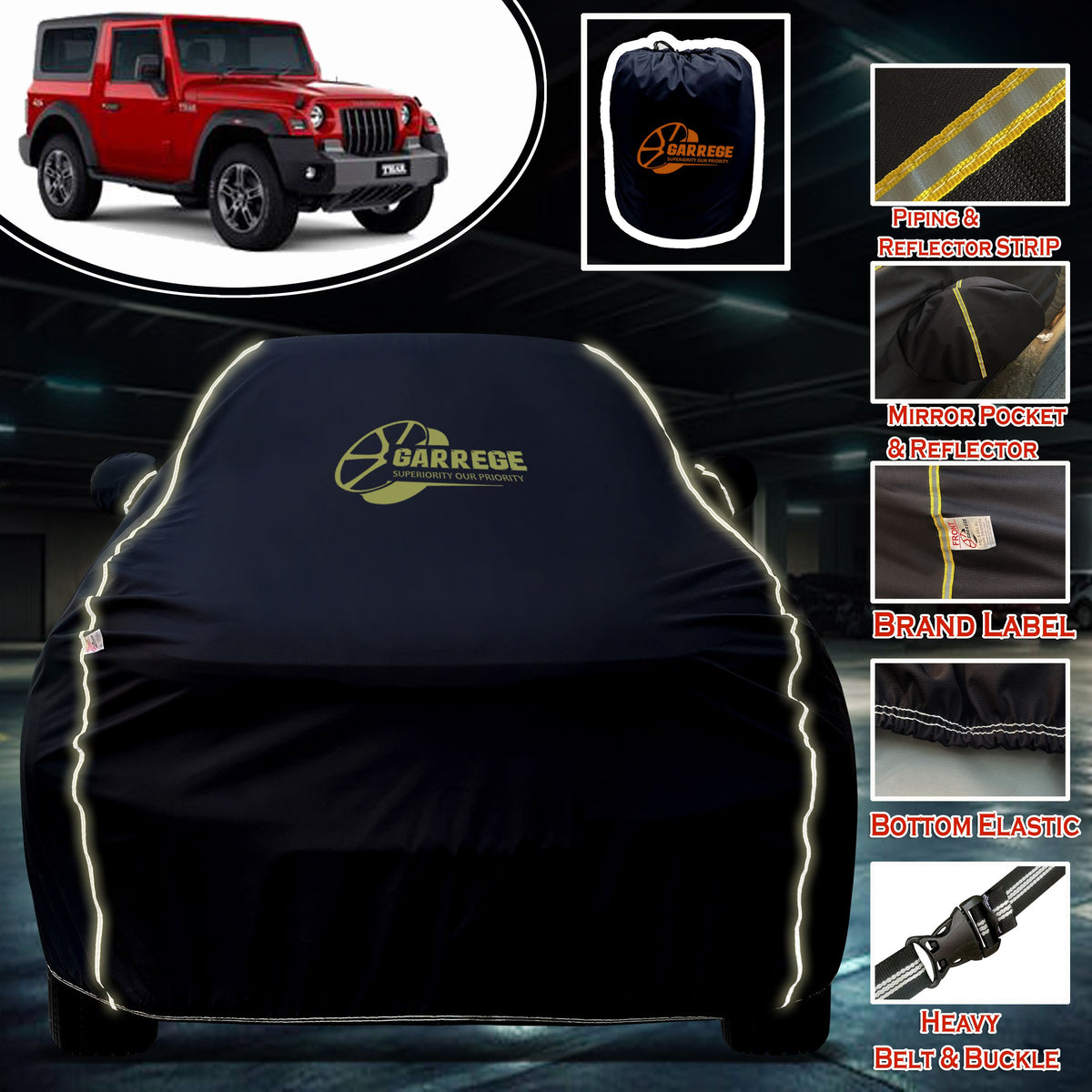 Garrege Waterproof Car Cover compatible with MAHINDRA THAR Cover All Weather protection with Mirror & Anteena Packets