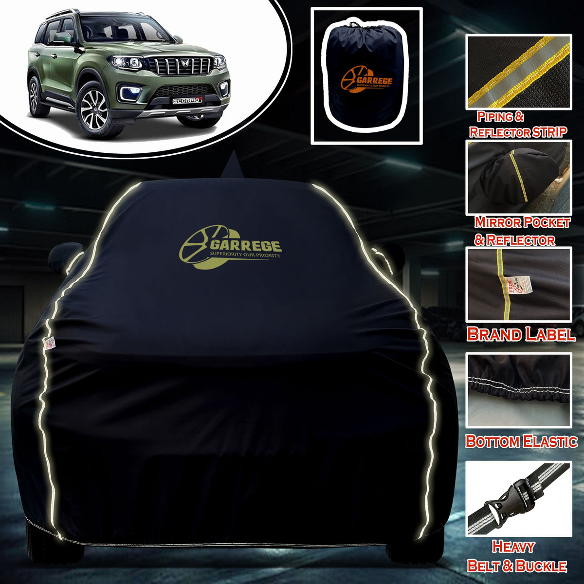 Garrege Waterproof Car Cover compatible with MAHINDRA SCORPIO N Cover All Weather protection with Mirror & Anteena Packets