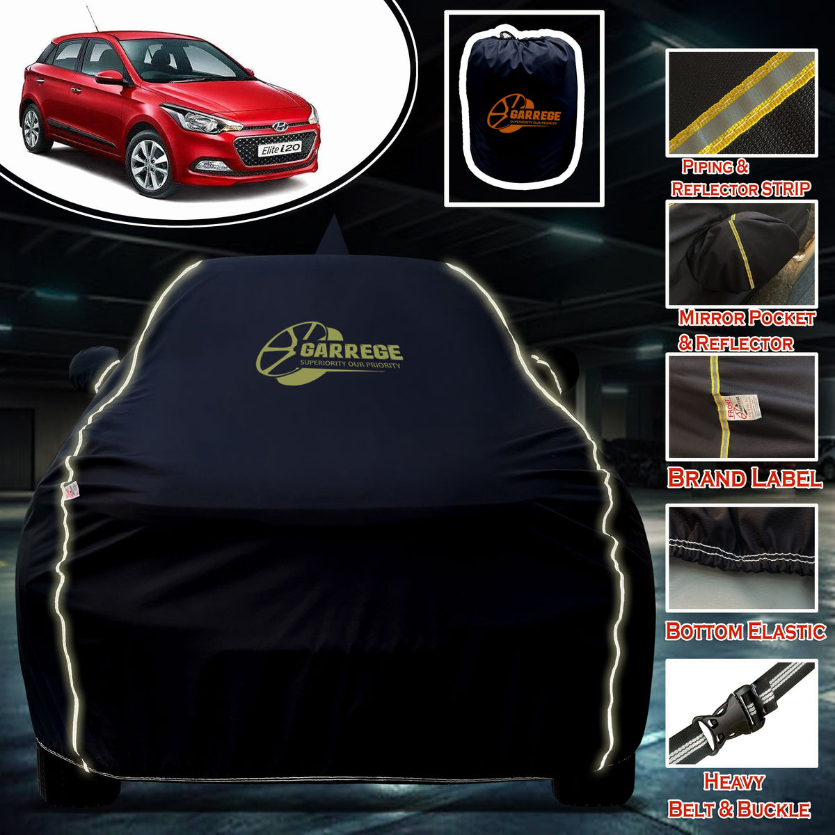 Garrege Waterproof Car Cover compatible with HYUNDAI ELITE i20 Cover All Weather protection with Mirror & Anteena Packets