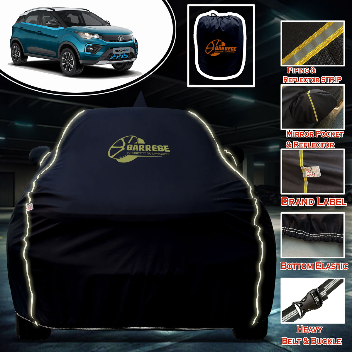 Garrege Waterproof Car Cover compatible with TATA NEXON EV Cover All Weather protection with Mirror & Anteena Packets