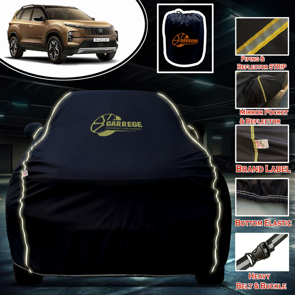 Garrege Waterproof Car Cover compatible with TATA SAFARI Cover All Weather protection with Mirror & Anteena Packets