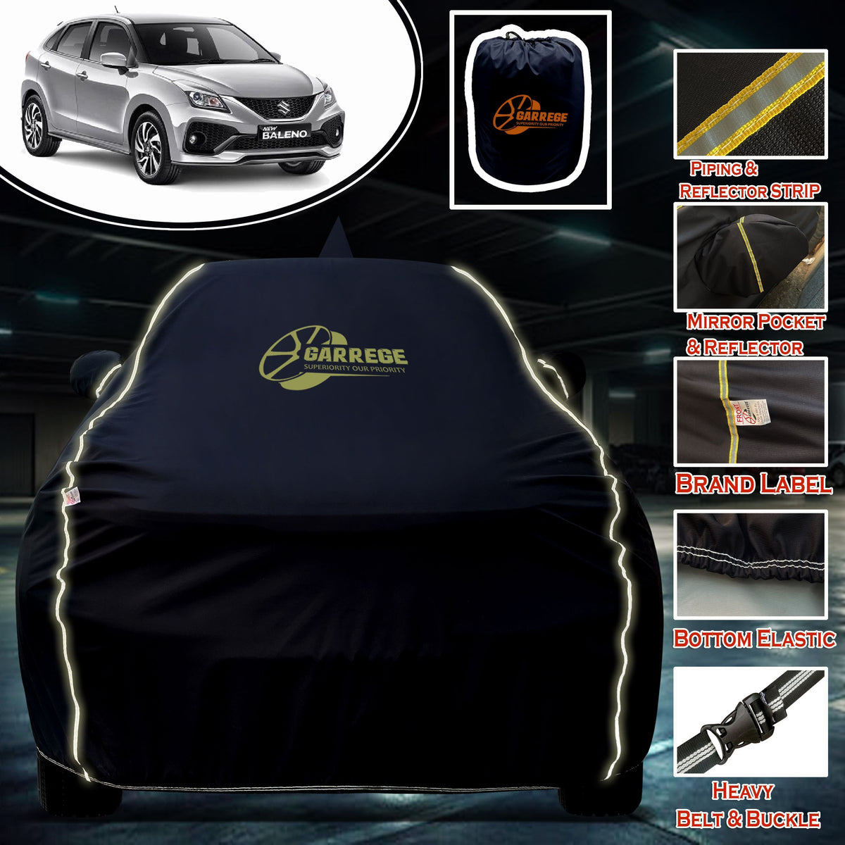 Garrege Waterproof Car Cover compatible with MARUTI NEW BALENO Cover All Weather protection with Mirror & Anteena Packets